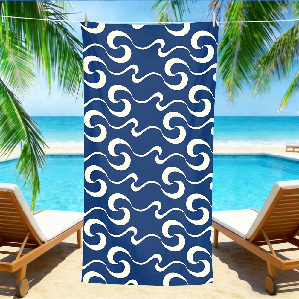 Japanese Wave Pattern Beach Towel – Oversized Quick Dry Sand Free with Navy Blue & Cream Print