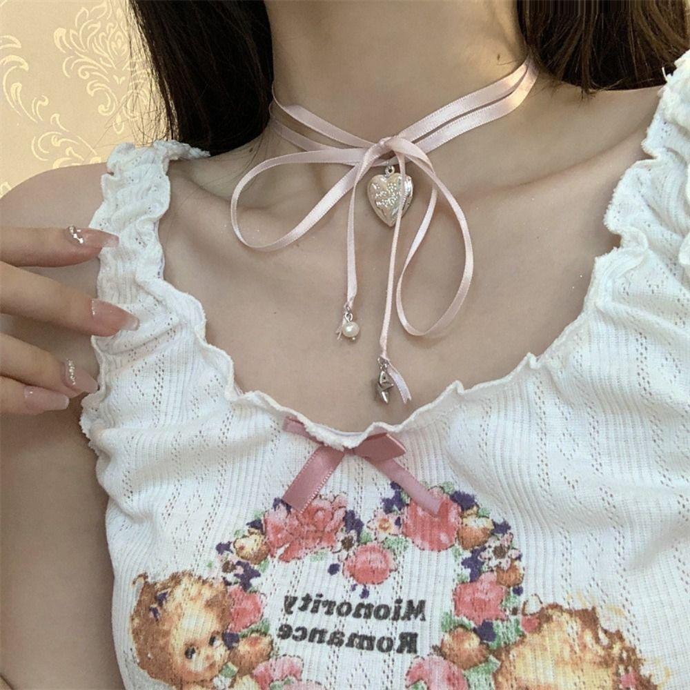 Жемчужная подвеска-сердце, цепочка на ключицу, корейский стиль, чокер Y2K, ожерелье с лентой в стиле балеткор, студенческий