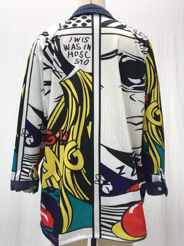 Женская джинсовая ветровка 2025 года: Креативный абстрактный узор, свободный крой, стираная джинсовая куртка