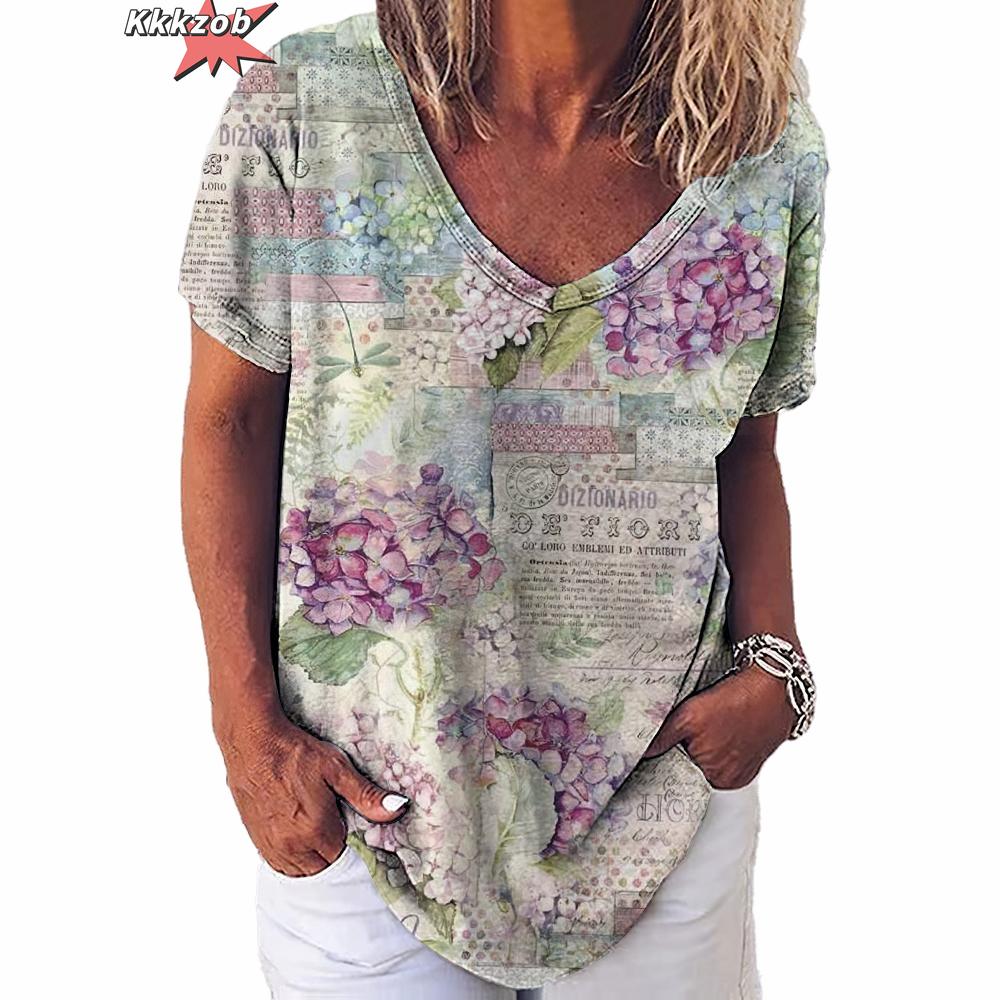 Винтажный топ с принтом, женская уличная одежда с короткими рукавами, летняя футболка, женская модная повседневная футболка с v-образным вырезом, женская одежда большого размера Y2k