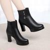 Women Cotton Shoes Autumn/winter Season Soft Leather Mid-high Heel Fleece-lined Ankle Boots Ladies Cotton Boots Black Round Head