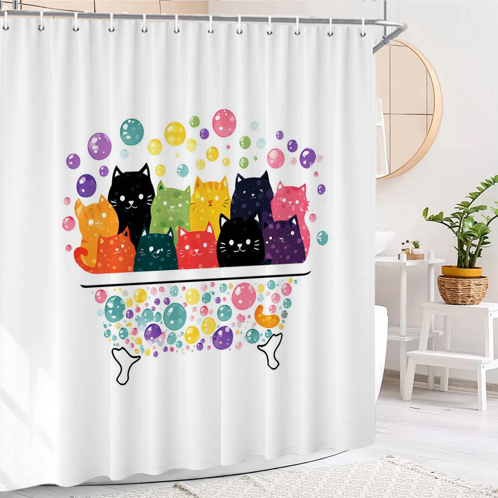 Cute Bathing Cats Art Cartoon Shower Curtain, Bathroom Decorative Shower Curtain, Waterproof Shower Curtain With Hooks