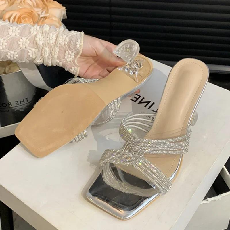 Летние сексуальные ПВХ прозрачные открытые носки кристалл узкие тапочки женские банкетные туфли на низком каблуке Zapatos Mujer