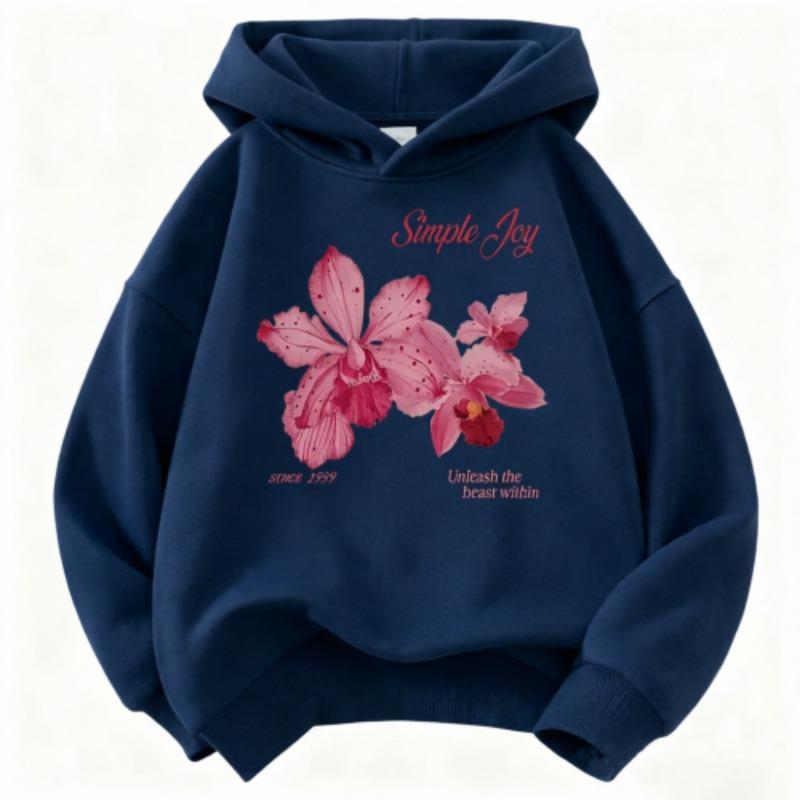 Fashion Pink Orchid Kids Hoodie Floral Graphic Sweatshirt with “Simple Joy” Slogan for Boys and Girl's