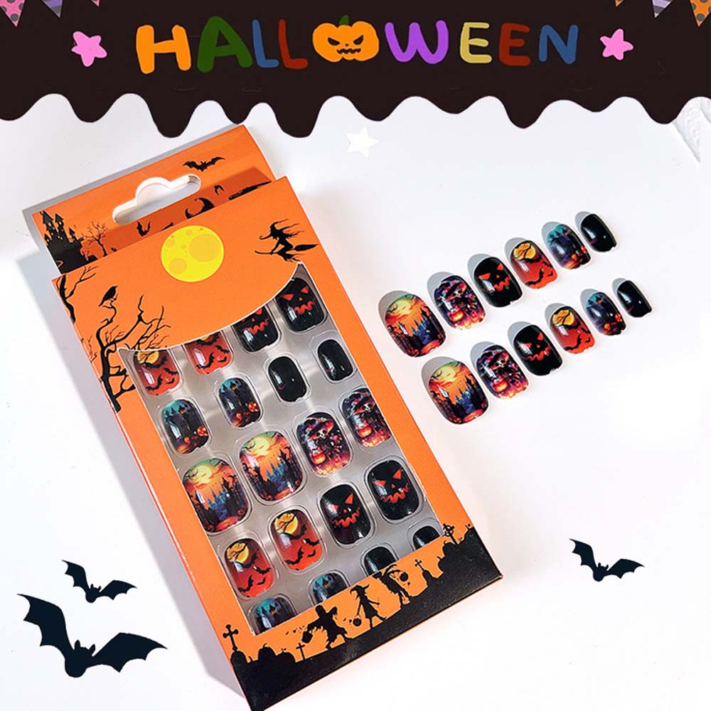 24Pcs/set Pumpkin Children Halloween False Nails Ghost Kids Fake Nail Extension  Girls
