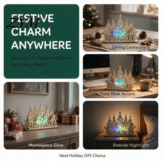 LED Desktop Ornament for Home Christmas Table Wooden Sign, Vintage Tree Village House Lighted Tabletop Decorations Centerpiece, Winter Indoor Holiday