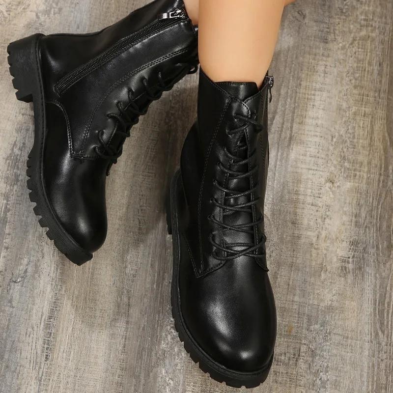 2024 Горячая Распродажа Туфли для женщин на шнуровке с молнией Женские ботинки Осенние круглые носки Твердые толстые каблуки Короткие модные бочонки Голые ботинки