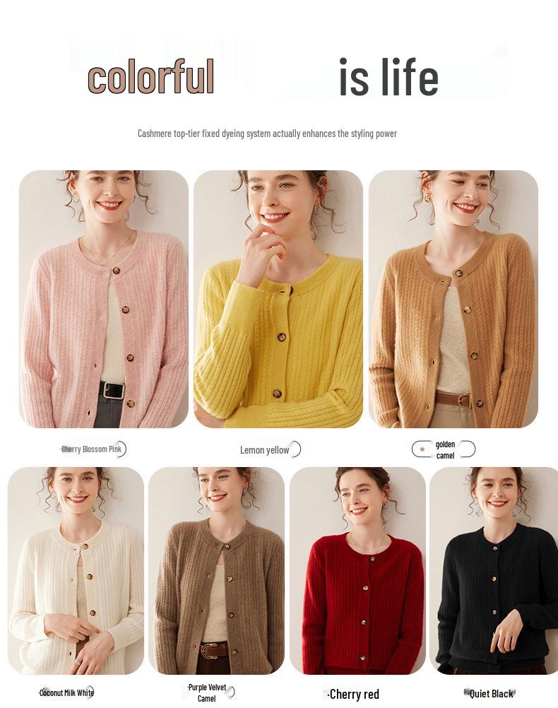 Women's Cashmere Round Neck Cable Knit Button-Up Cardigan - Autumn/Winter 2025 Korean Loose Slimming Style