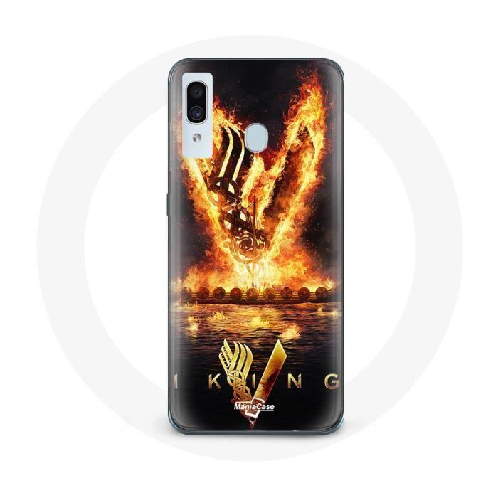 Coque pour Samsung Galaxy A30 Vikings Série Saison 6 logo V Epée de Feu Fond Noir