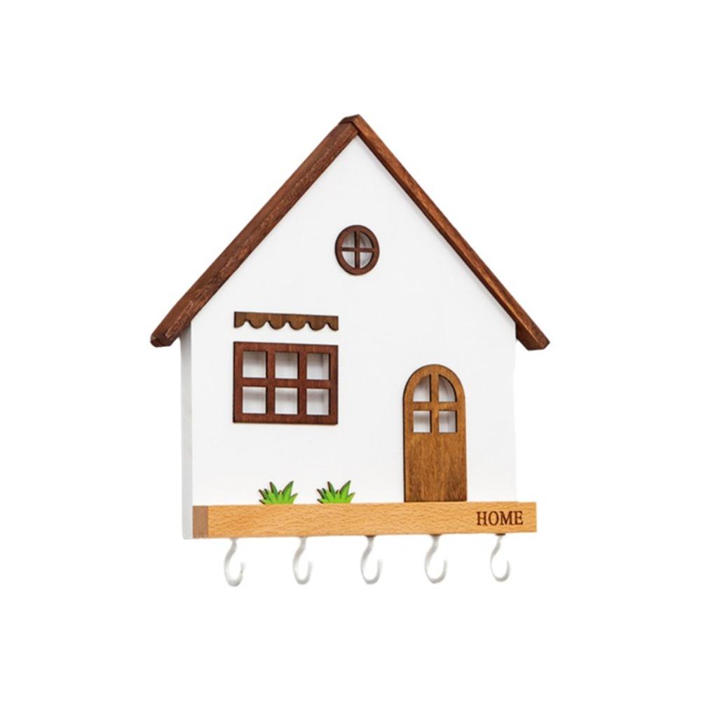 Wooden Wall Mount Key Holder 5-Hook Design House Shape Decorative Hooks Rustic Multi-Purpose Key Rack Bedroom Decorative Shelf