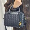 New Handmade Woven Small Square Box Bag Genuine Leather Women's Bag Hand-held Shoulder Crossbody Bag Commuting Boston Bag