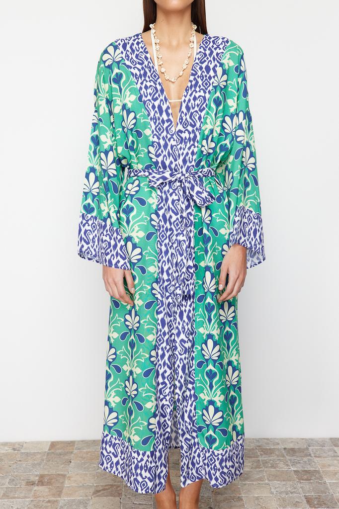 Women's Fashion New Kimono&Kaftan Ethnic Patterned Belted Maxi Woven KimonoKaftan