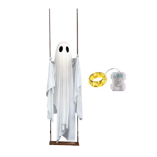 Halloween Decoration Outdoor Swing Ghost Ornament with LED Lights Adjustable Hanging Spooky Ghost Decor