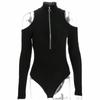 Fashion Ribbed Black Top Tight Off Shoulder Long Sleeve Summer Sexy Zipper Bodysuit Women's Bodysuit