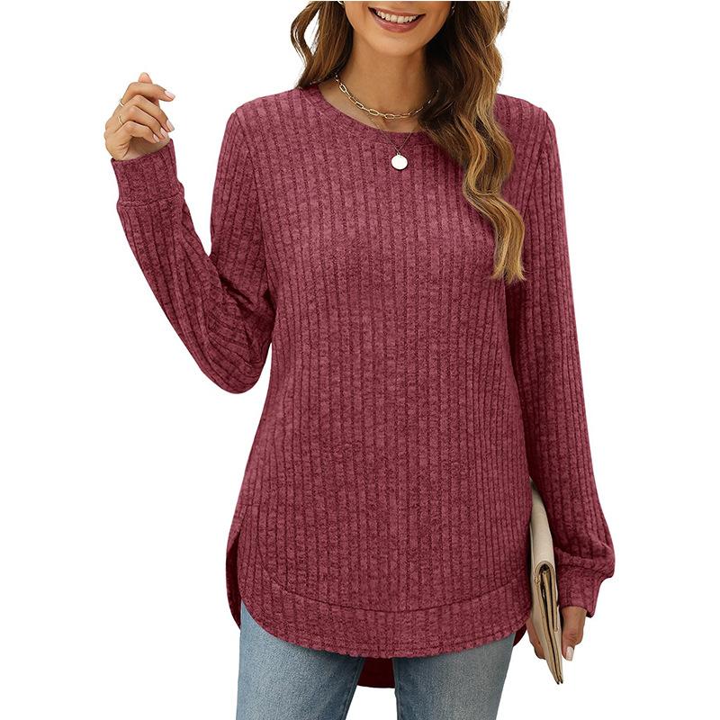 Womens Long Sleeve Tops Plus Size Crew Neck Jumpers Solid Color Side Spilt Pullover T-Shirt Tunic Shirt