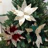 Christmas Glitter Fabric Poinsettia Flowers 11 Inch Large Artificial Sequins Flower Christmas Ornaments for Wedding New Year Party Xmas