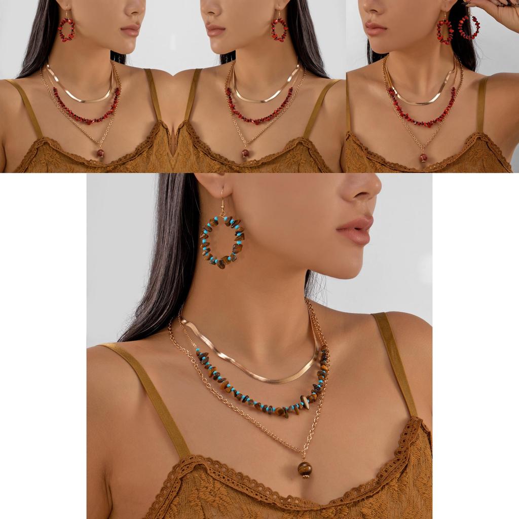 Unique Geometric Crushed Stone Collar Necklace And Drop Earrings Set For Women With Multilayer Style