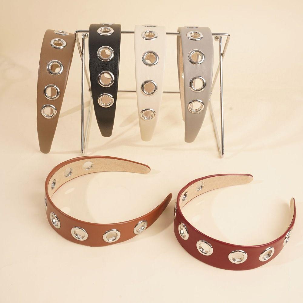 Casual Solid Color Hollow Metal Headband Grommet Metal Ring Punk Headwrap Stretchy Y2k Pu Leather Hair Band Steampunk