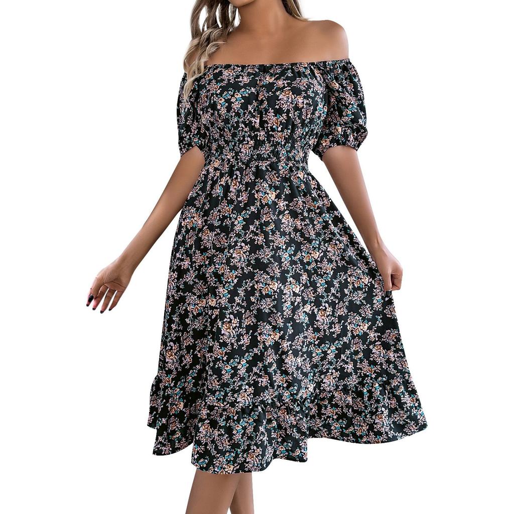 Women's Fashion Floral Print Square Neck Short Sleeve Waisted Ruffled A-Line Skirt
