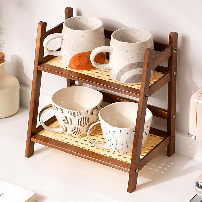 1Pc Cup Holder Work Storage Rack Bedroom Display Rack Kitchen Vine Weaving 2-layer Storage Rack
