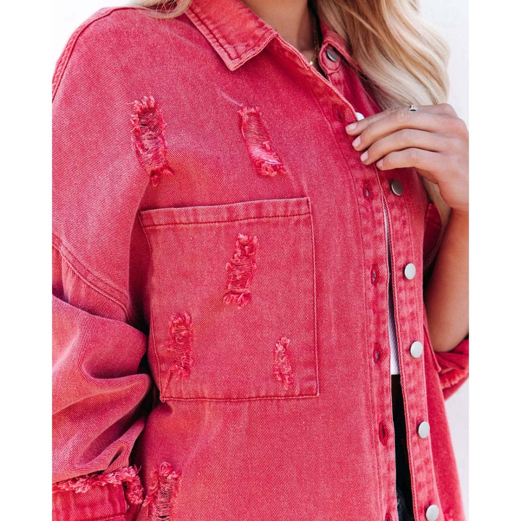 Lapel Long Sleeve Vintage Street Ripped Raw Edge Denim Jacket Women's