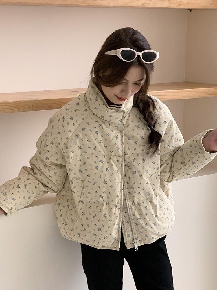 Милая маленькая цветочная куртка-стойка с воротником-стойкой, женская, 2024, новая свободная куртка-хлеб, короткая куртка