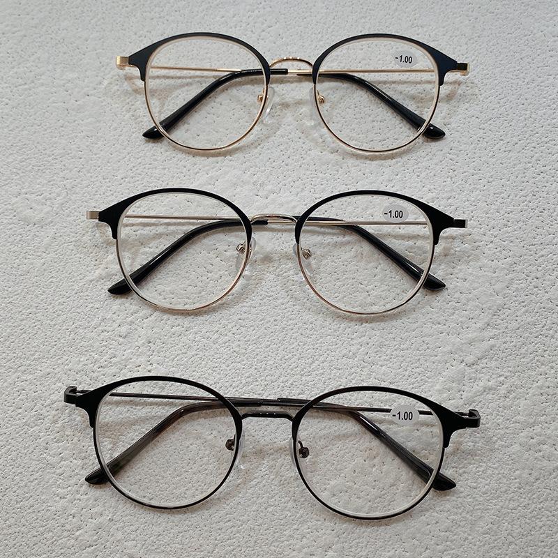 Retro round frame eye protection anti-blue flat glasses steel leather frame myopia glasses finished product with degree myopia glasses