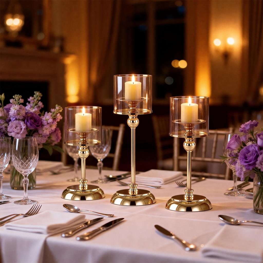 Glass Pillar Candle Holder Set Golden Silver Decorative Candlestick for Wedding Party Table Festival Decor 2026 New Fashion