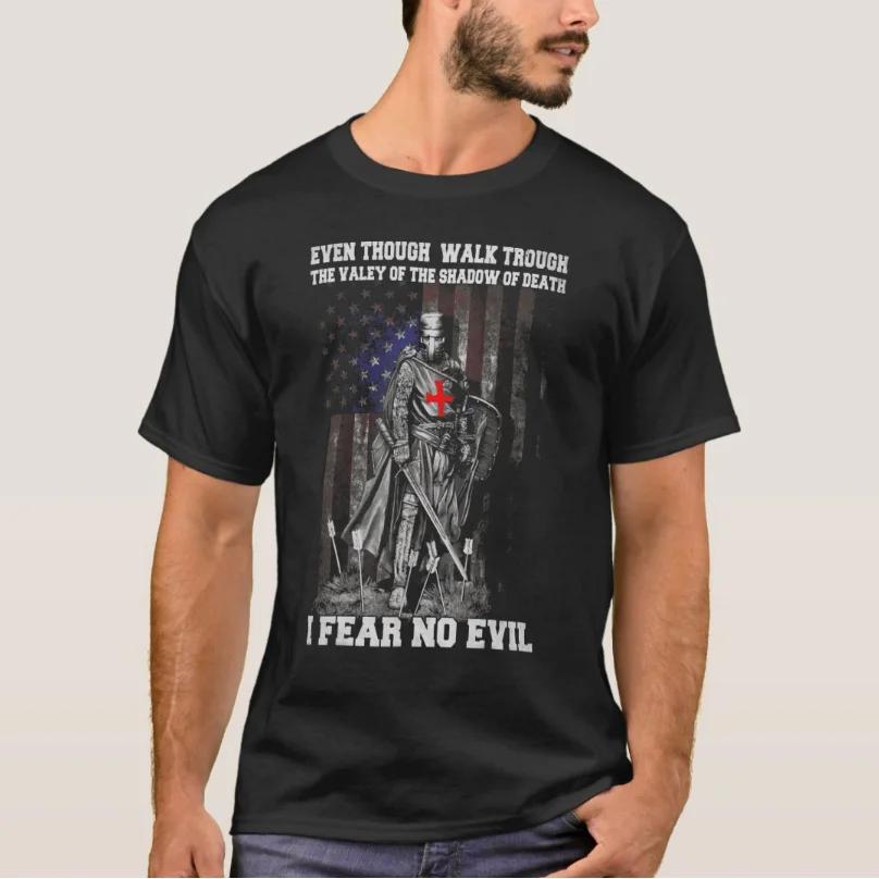 I Fear No Evil USA Flag Knights Templar Crusader TShirt 100 Cotton ONeck Summer Short Sleeve Casual Mens Tshirt Size S3XL
