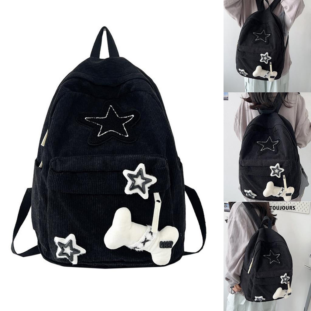 Backpack Bookbags for Girl Student Corduroy Rucksack with Star Pattern Large Capacity Double Strap Shoulder Bag