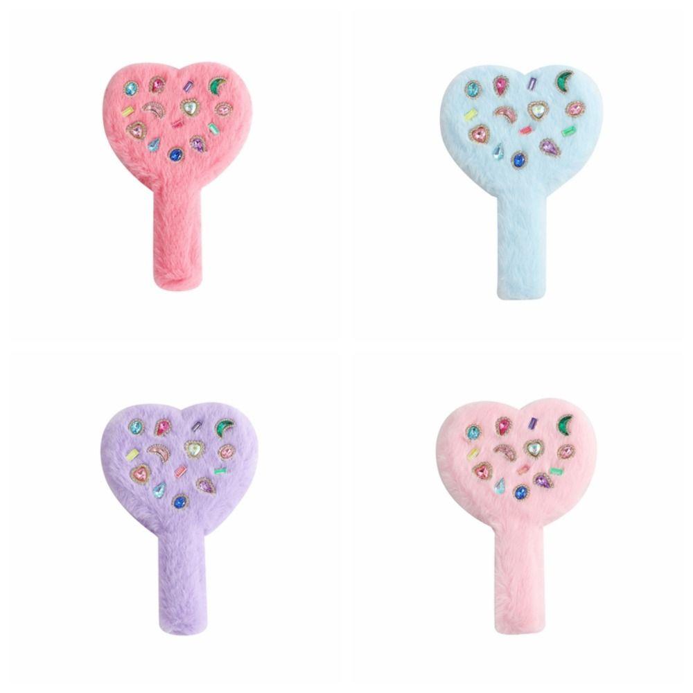 Mini Portable Love Hand Mirror Compact Plush Handle Handheld Mirror Cute Heart-shaped Makeup Tool Women