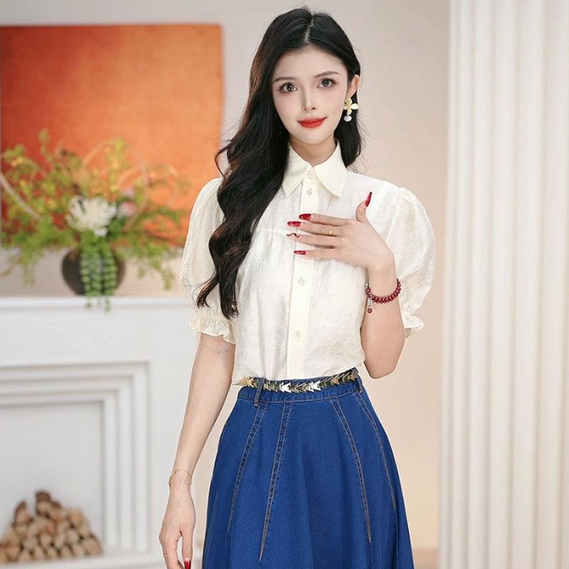 Shopping mall women's clothing 1116 summer versatile texture splicing lapel slim bubble sleeves short-sleeved shirt 111117
