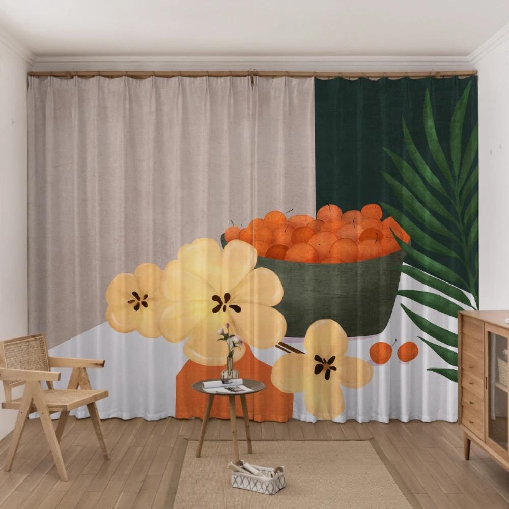 Nordic Abstract Simple High Shading Curtain Ins Fruit Cat Girl Bedroom Space Living Room Dining Room Room Artistic Fresh Shade Decor Curtain