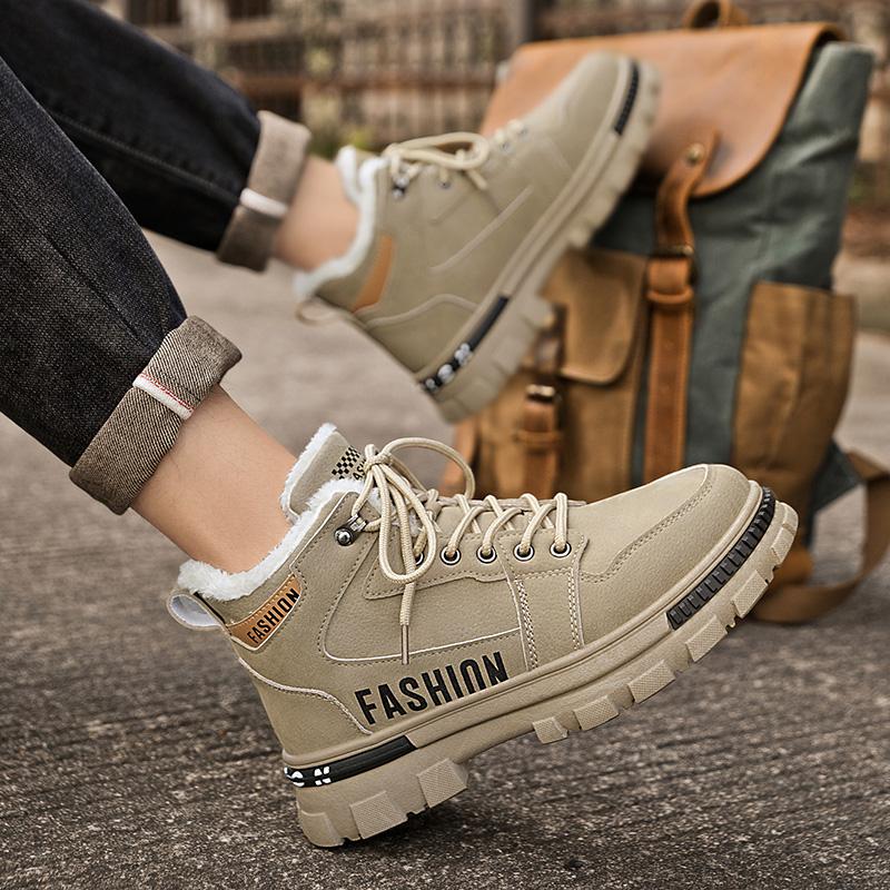 Модные короткие ботинки для зимы, мужская обувь 2024 года, новые плюшевые теплые хлопковые туфли, мужские повседневные кроссовки, нескользящие мотоциклетные ботинки