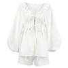 Women's Casual White Shorts Set Fashionable V-neck Bow Long Sleeve Shirt Set Loose Casual High Street Shorts 2-piece Set