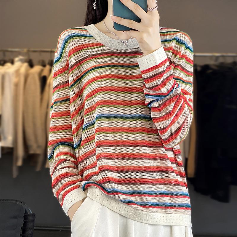 Women Sweaters Pullovers 2025 Autumn Winter Long Sleeve O-Neck Striped Knitted Sweater Women Tops Pullover JJ174