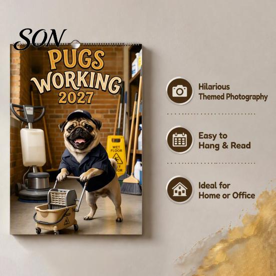Creative Holiday Gift 2027 Pugs Working Wall Calendar, Funny Dog Hanging Year Round Planning Tool 12 Monthly Planner with Unique Illustrations