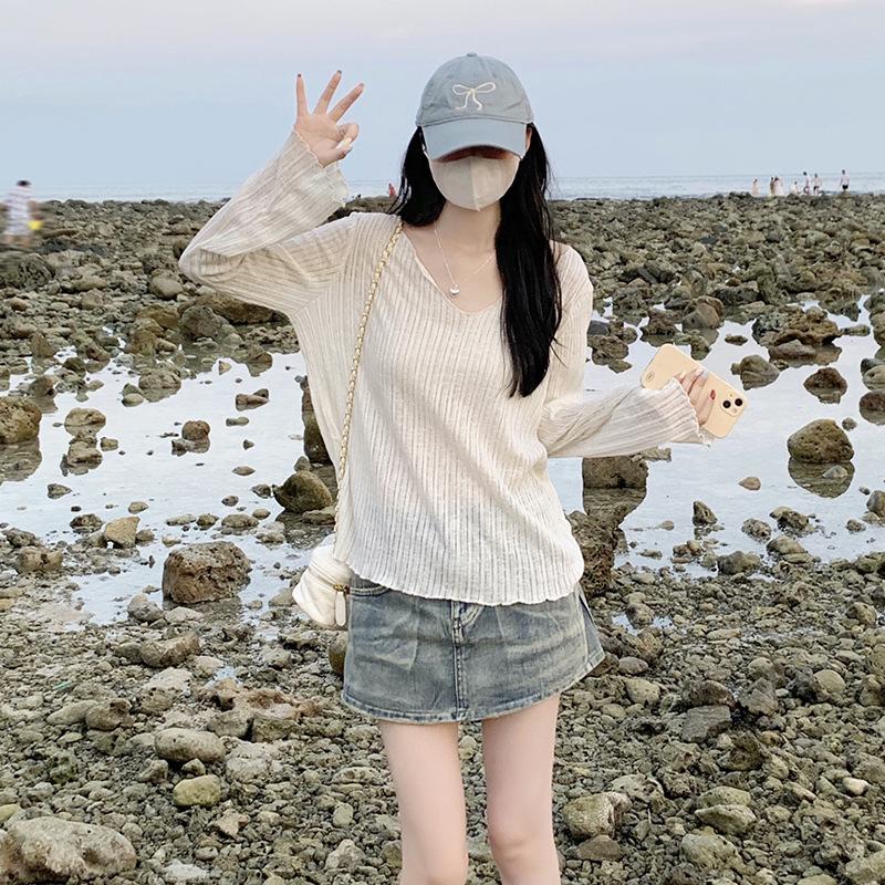 Элегантный кардиган с V-образным вырезом, микро-прозрачный, для защиты от солнца - женская летняя базовая рубашка с длинным рукавом свободного кроя