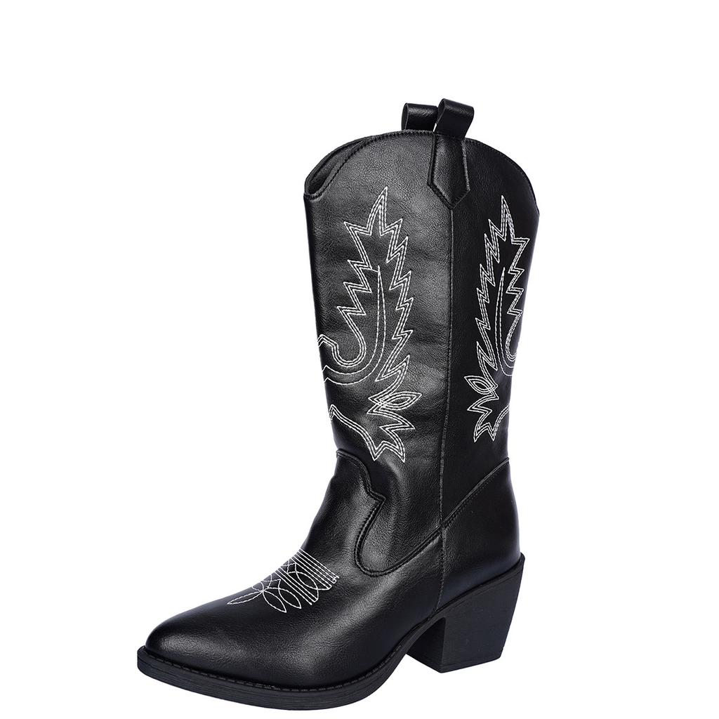 Прямая поставка ковбойских сапог с V-образным вырезом, женские сапоги на среднем каблуке с острым носком, рыцарские сапоги большого размера, кожаные сапоги