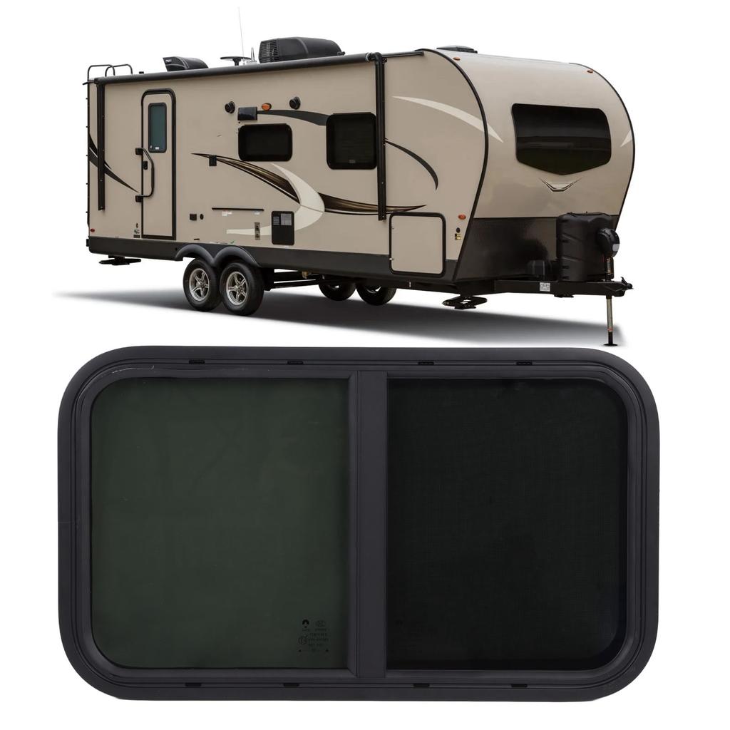 Замена окна на колесах с круглыми углами и сеткой от насекомых для строительной машины с прицепом и кемпером