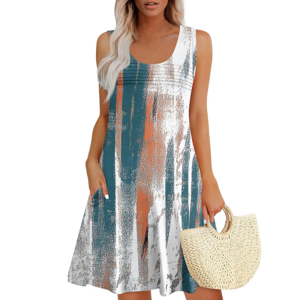Womens Summer Dresses Loose U Neck Sleeveless Sundresses Dress With Pockets