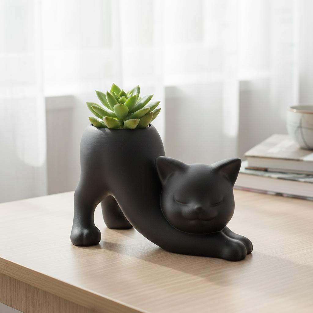 Black flowerpot in the shape of a stretching cat for succulents and cacti