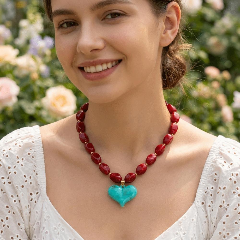 Colorful Heart Pendant Necklace Multi-Color Statement Jewelry Unique Bead Choker Vacation Wear