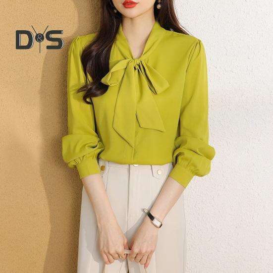 Женская рубашка со шнуровкой и бантом на воротнике, с длинным рукавом, повседневная рубашка, однотонная, свободная, шифоновая рубашка, топы, повседневная одежда