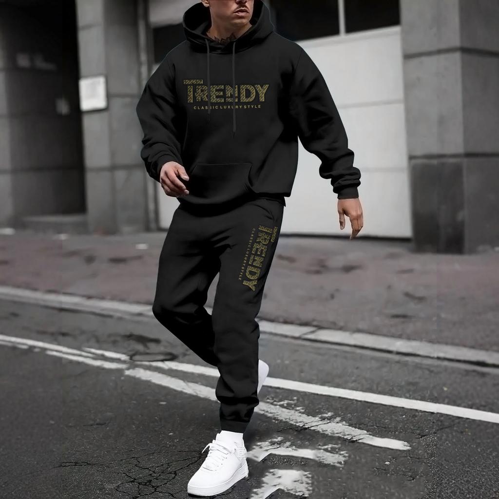 Men's Casual Solid Color Letter-printed Sweatshirt Set, Men's Fleece Hooded Drawstring Sweatshirt And Sweatpants Two-piece Set