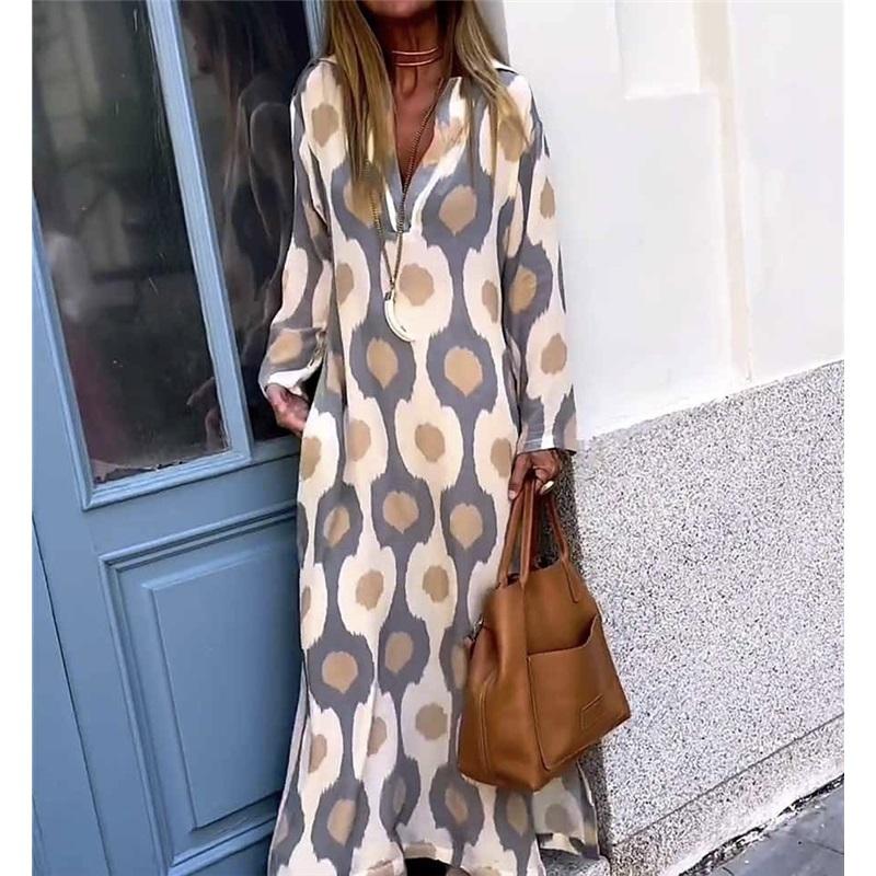 Платье с длинными рукавами и V-образным вырезом с уникальным принтом для женщин