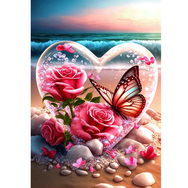 Романтический пляж 5D DIY Алмазная картина Бабочка Роза Любовь Пейзаж Полный Круглый Алмазная вышивка Мозаика Вышивка крестом