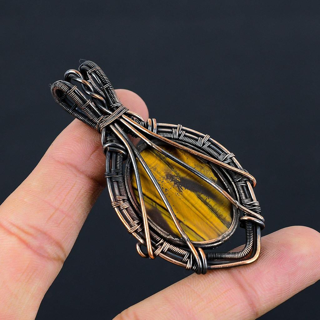 Tiger Eye Gemstone Pure Copper Wire Wrapped Handmade Pendant Jewelry