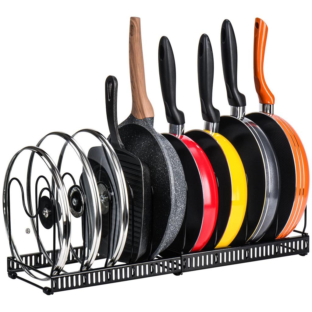 Toplife Telescoping Frying Pan Kitchen Pot Storage Rack with 10 Frying Pot Lid Holder Rack, Dividers, Pan, Pot, (Black)