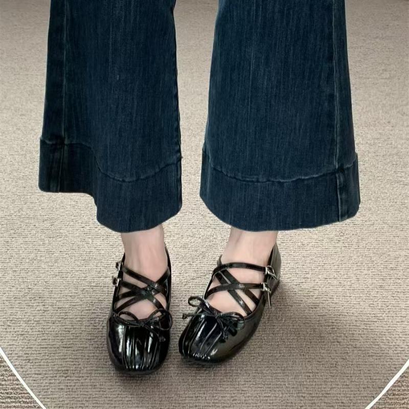 Fashion Autumn New Inner Elevating Flat Shoes Women's Square Head Shallow Mouth Butterfly Knot Line with Soft Sole Single Shoes